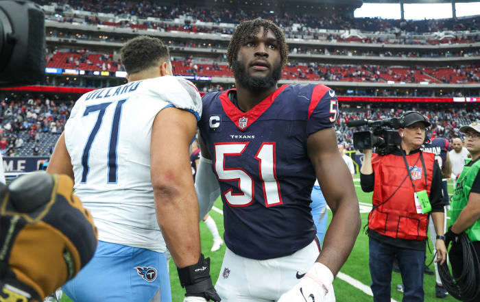 Texans defensive end Will Anderson Jr. (51) walks on the field after the game against the Tennessee Titans at NRG Stadium.